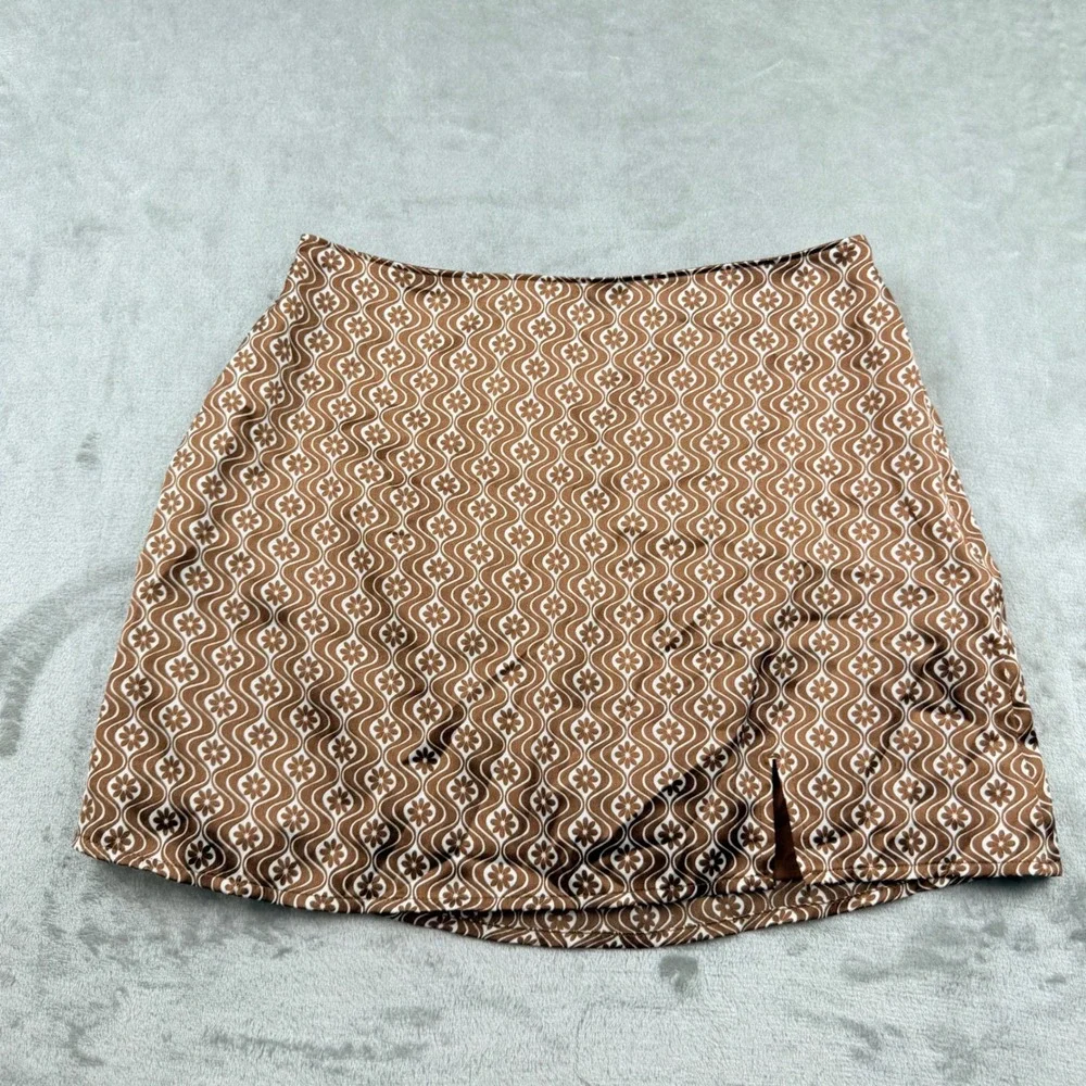 Hollister High-Rise Women's Small Mini Skirt Brown Retro Floral Satin Side Slit